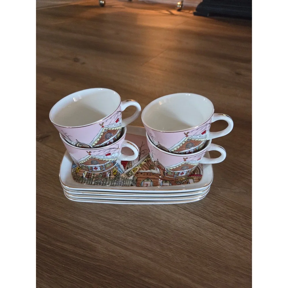 Grace Fine Ceramic Gingerbread House Tea Set‎ 4 Cups 4 Rectangular Plates Pink